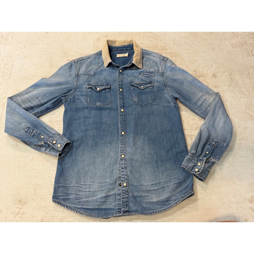 AllSaints Mens Denim Western Shirt Corduroy Collar Distressed Blue Small MS164L